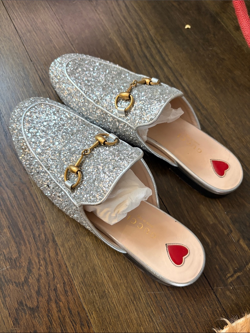 Gucci Silver Glitter Horsebit Mules with Red Heart Insole
